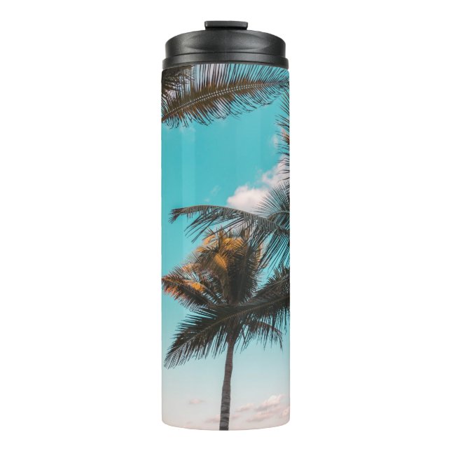 RETRO TROPICAL PALM BAUM AM STRAND THERMOSBECHER (Vorderseite)