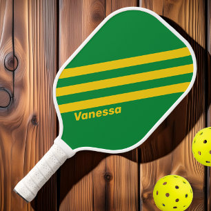 Retro Tropical Palm Drei Streifen mit Namen Pickleball Schläger