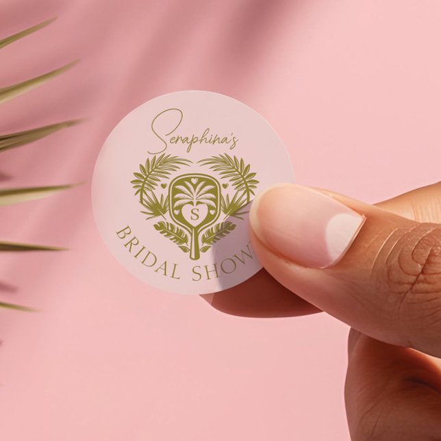 Retro Tropical Palm Tree Pickleball Brautparty Runder Aufkleber (Retro Tropical Palm Tree Pickleball Bridal Shower Classic Round Sticker)