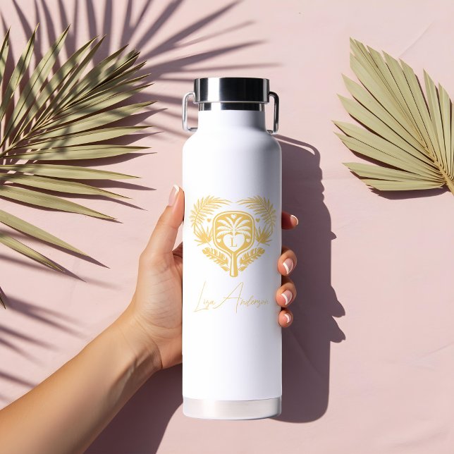 Retro Tropical Palm Tree Pickleball Brautparty Trinkflasche (Retro Tropical Palm Tree Pickleball Bridal Shower Water Bottle)