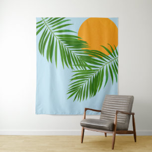 Retro Tropical Sun Palm Blätter Blauer Minimal Wandteppich