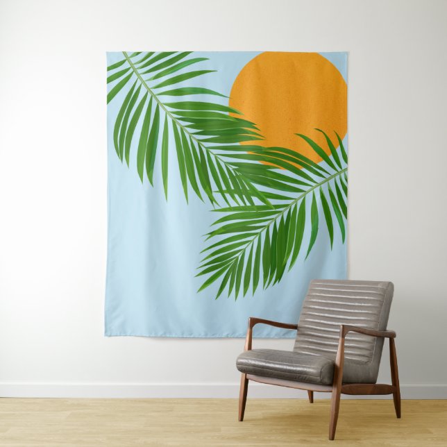 Retro Tropical Sun Palm Blätter Blauer Minimal Wandteppich (Beispiel)