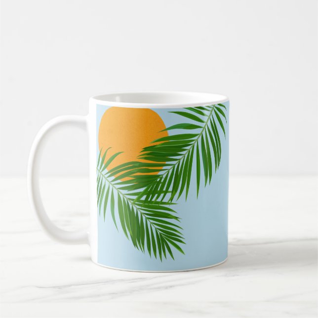 Retro Tropical Sun Palm Blätter Blauer Minimaler N Kaffeetasse (Links)