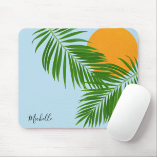 Retro Tropical Sun Palm Blätter Blauer Minimaler N Mousepad