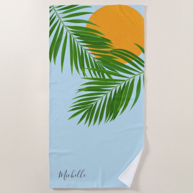 Retro Tropical Sun Palm Blätter Blauer Minimaler N Strandtuch (Vorderseite)