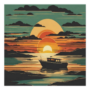 Retro Tropical Sunset mit Boot und schwarzen Wolke Poster