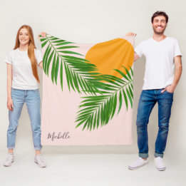 Retro Tropical Sunset Palm Blätter Minimalistische Fleecedecke