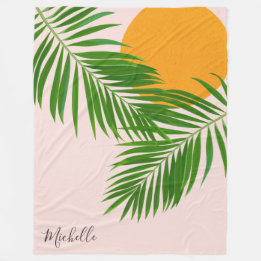 Retro Tropical Sunset Palm Blätter Minimalistische Fleecedecke