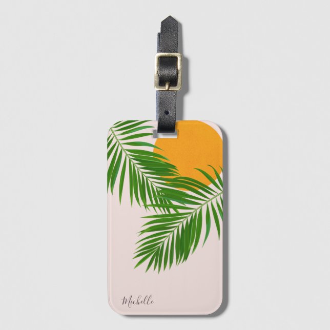 Retro Tropical Sunset Palm Blätter Minimalistische Gepäckanhänger (Vorderseite Vertikal)