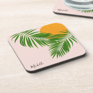 Retro Tropical Sunset Palm Blätter Minimalistische Getränkeuntersetzer