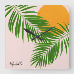 Retro Tropical Sunset Palm Blätter Minimalistische Quadratische Wanduhr