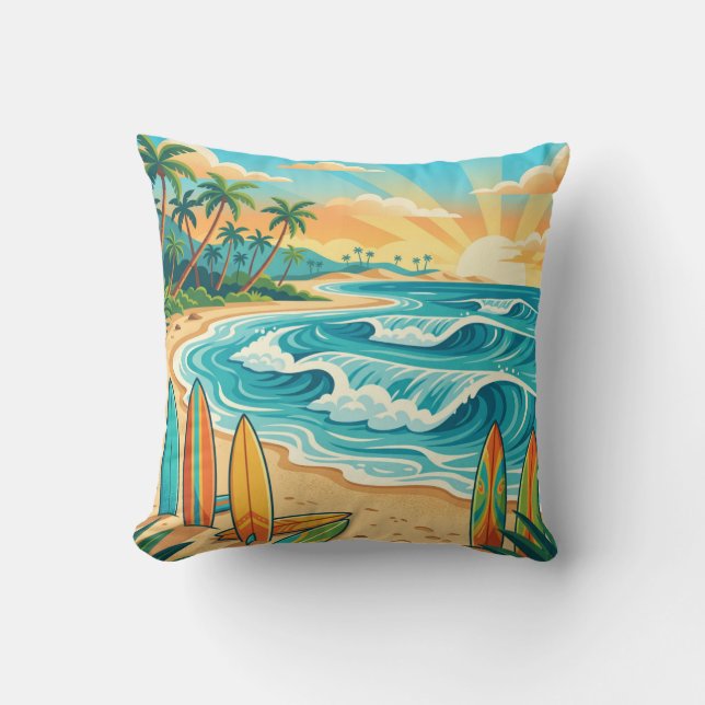 Retro Tropical Surf Beach Waves Throw Pillow Kissen (Vorderseite)