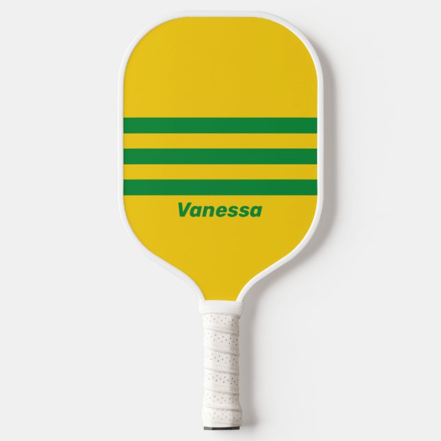 Retro Tropische Banane drei über Streifen | Name Pickleball Schläger (Vorderseite)