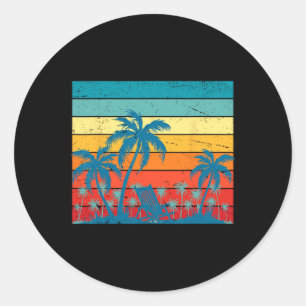 Retro tropische Palmen und Sonnenuntergang Strand Runder Aufkleber