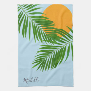 Retro Tropische Sonnenpalmenblätter Blau Minimal N Geschirrtuch