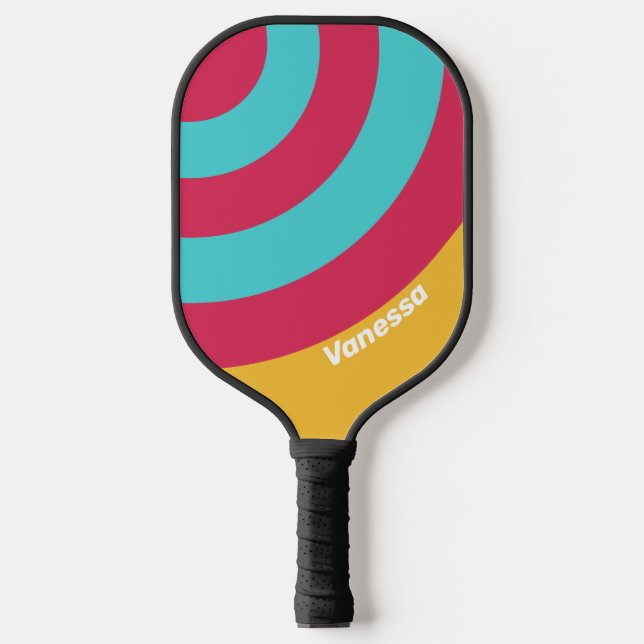 Retro Tropischer Bauchkreis Streifen mit Name Pickleball Schläger (Vorderseite)