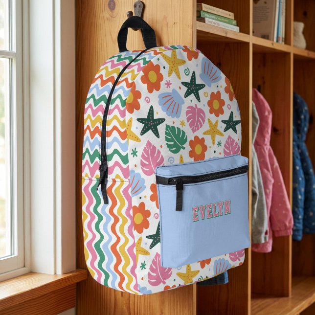 Retro-Tropischer Seestern & Muscheln Groovy Strand Bedruckter Rucksack (Personalized Backpack with Bright and Colorful Beach themed pattern)