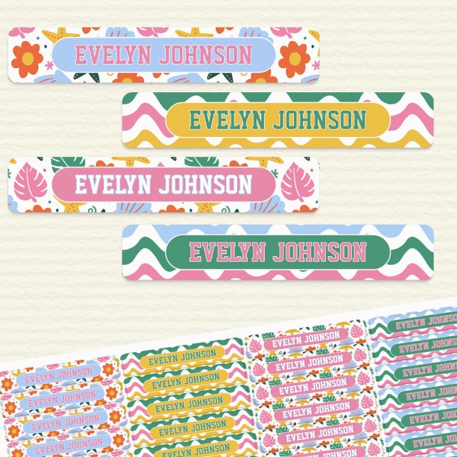 Retro-Tropischer Seestern & Muscheln Wasserfester  Etiketten (Waterproof kids name labels with Bright and Colorful Beach themed pattern)