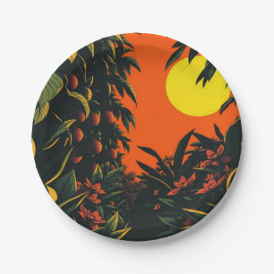 Retro-Tropischer-Sonnenuntergangs-Garten-Botanisch Pappteller