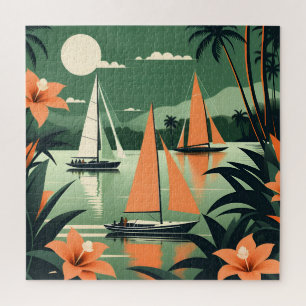 Retro-Tropischer Strand und Segelboote Retro Puzzle