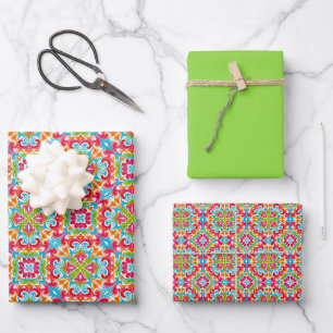 Retro-Tropisches Muster in Fuchsia, Aqua, Limette. Geschenkpapier Set
