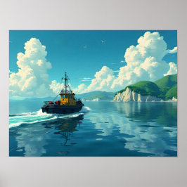 Retro Tugboat Nautical Coastal Landscape Scenic Poster
