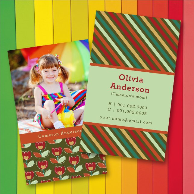 Retro Tulip Blüten und Streifen Muster Foto Mommy Telefonnummerkarte (Von Creator hochgeladen)