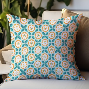 Retro Türkis Aqua Orange Florales Geometrisches Mu Kissen