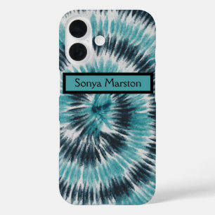 Retro Türkis Blau und Schwarz Tie Dye Spirale   iPhone 16 Hülle