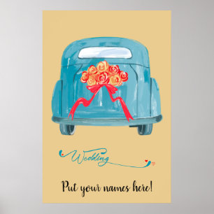 Retro Türkis Fluchtauto & Rote Rosen Hochzeitsbegr Poster