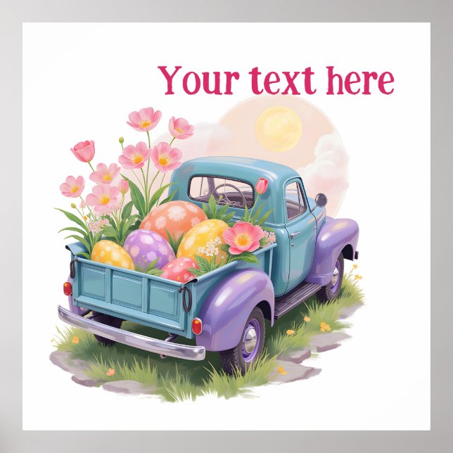 Retro Türkis- & Lila-Lieferwagen mit Ostereiern Poster (Vorne)