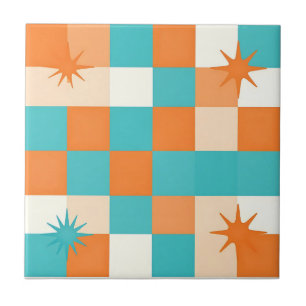 Retro Türkis Orange Sternenexplosion Schachbrett Fliese