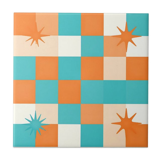 Retro Türkis Orange Sternenexplosion Schachbrett Fliese (Vorderseite)