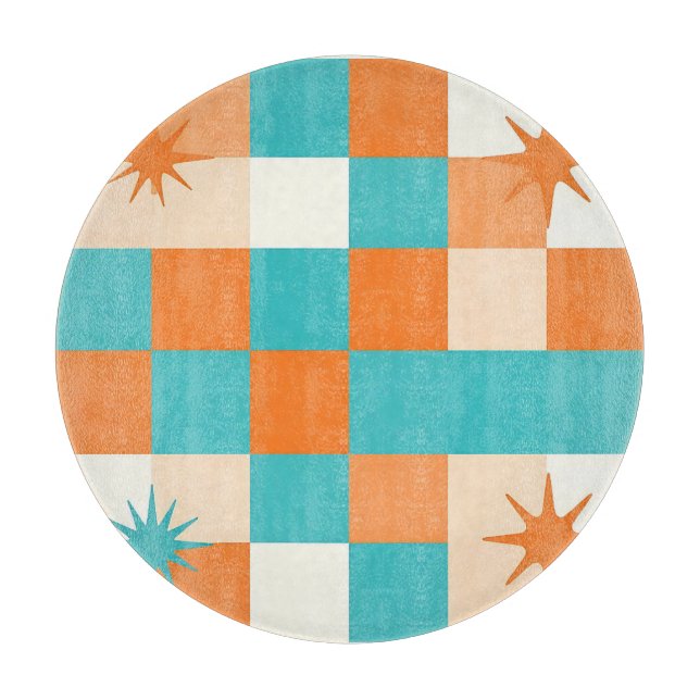 Retro Türkis Orange Sternenexplosion Schachbrett Schneidebrett (Vorderseite)