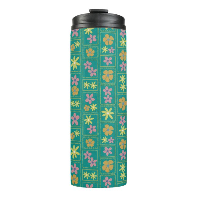 Retro Türkis Patchwork Blumenmuster Thermosbecher (Vorderseite)