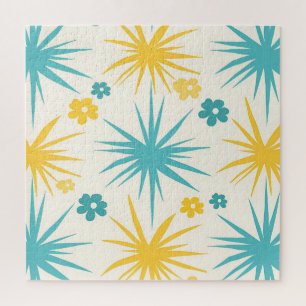 Retro Türkis-Senf-Blumen-Burst Puzzle