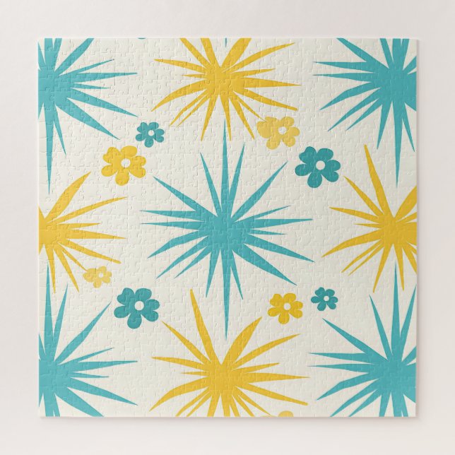Retro Türkis-Senf-Blumen-Burst Puzzle (Vertikal)