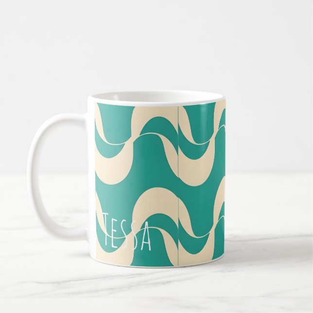 Retro Türkis und Creme Wellenmuster Kaffeetasse (Links)