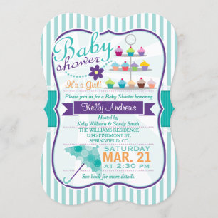 Retro Türkis und Lila Babyshower Einladung