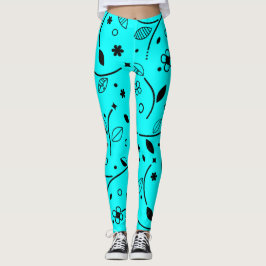Retro Türkis und schwarze Blumen-Leggings mit Lini Leggings