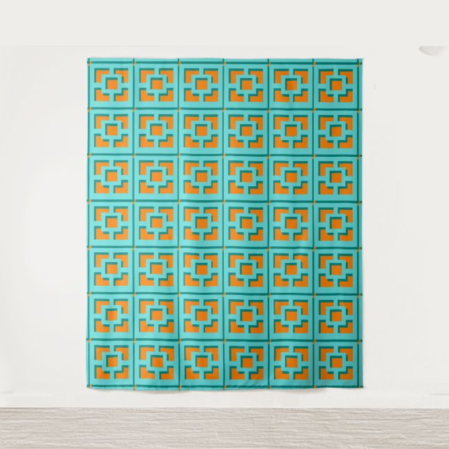 Retro Turquoise and Orange Trellis Tapestry Wandteppich (Vorderseite)