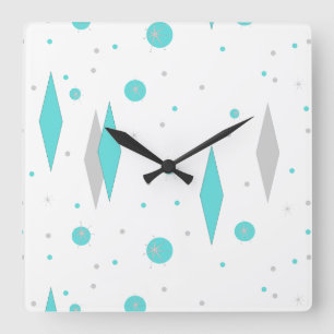 Retro Turquoise Diamond & Starburst Wall Clock Quadratische Wanduhr