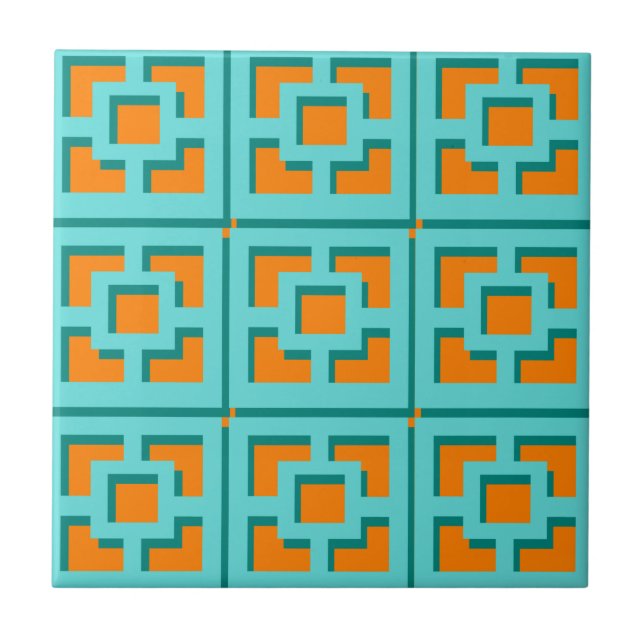 Retro Turquoise und Orange Trellis Keramik Tile Fliese (Vorderseite)