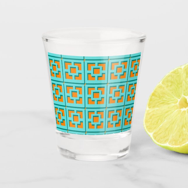 Retro Turquoise und Orange Trellis Shotglas Schnapsglas (Vorderseite)