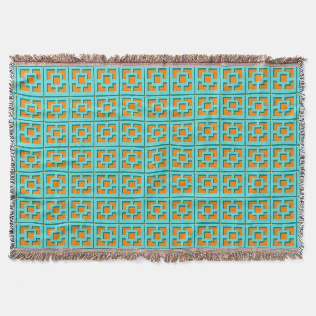 Retro Turquoise und Orange Trellis Throw Blanket Decke (Vorderseite)