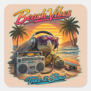 Retro Turtle Beach Vibes - Coole Sommer-Chill-Graf Quadratischer Aufkleber