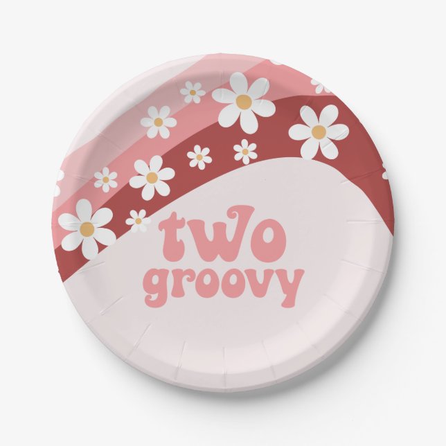 Retro Two Groovy daisy boho floral 2. Geburtstag Pappteller (Vorderseite)
