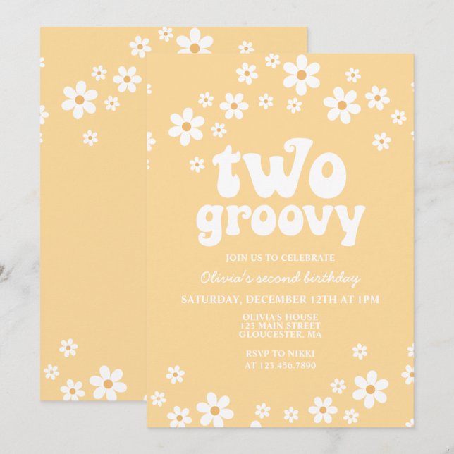 Retro Two Groovy daisy boho florale 2. Geburtstag Einladung (Vorne/Hinten)