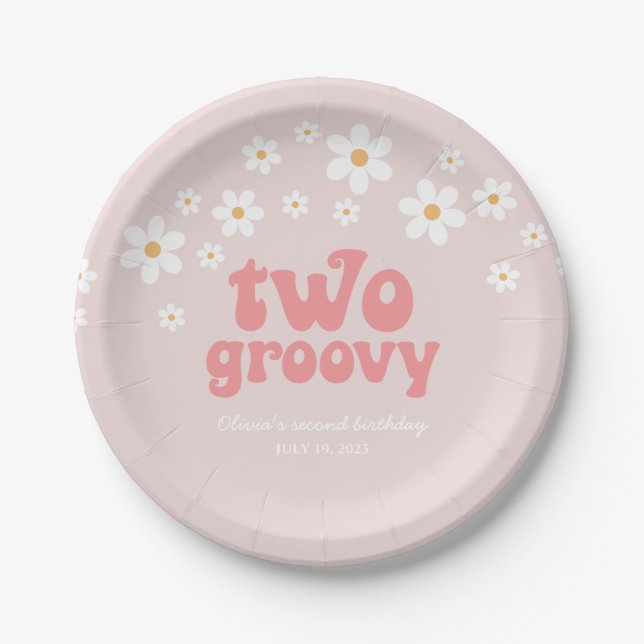 Retro Two Groovy daisy boho florale 2. Geburtstag Pappteller (Vorderseite)