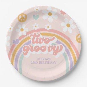 Retro Two Groovy Girl Regenbogen 2. Geburtstag Pappteller